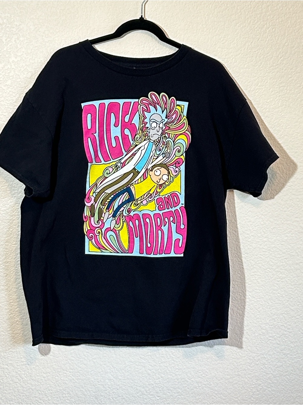 Rick and Morty Black Short-Sleeve Graphic Tee - Neon Poster Art XL